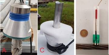 Two types of waveguides: A sleeve, C rod. On the right - modified transducer for insertion into the drilled borehole to connect reinforcement