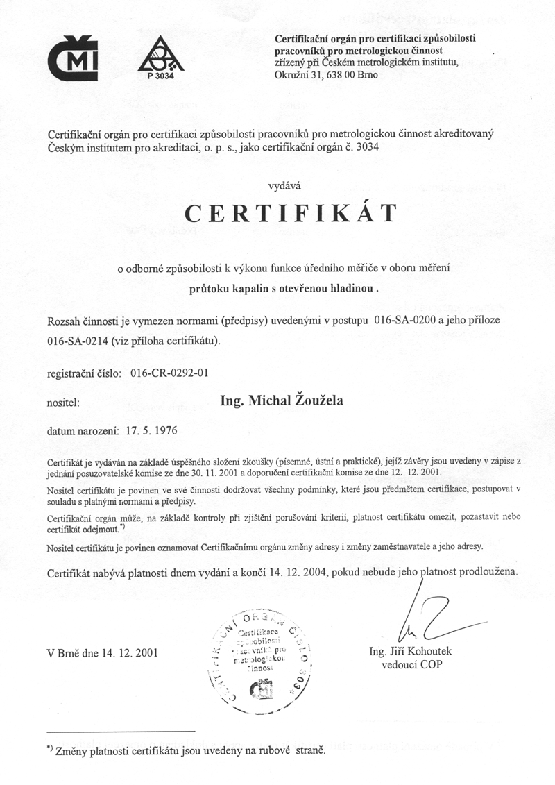 Certifik�t zp�sobilosti k v�konu ��edn�ho m��en�